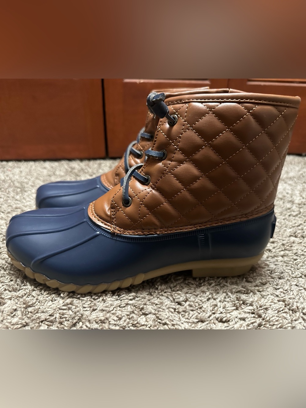 Quilted Two-Tone Duck Boots in Navy & Chestnut